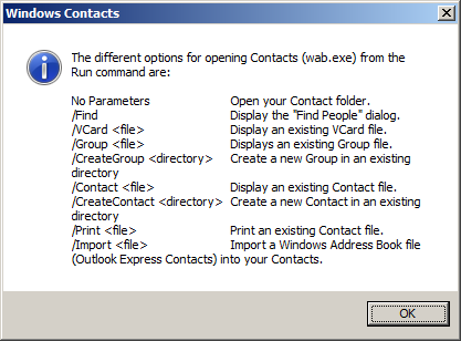 [Screen shot of help message box from 'Windows Contacts' on Windows 7]