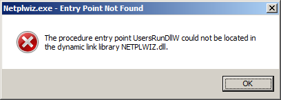 [Screen shot of message box for NTSTATUS 0xC0000139 alias STATUS_ENTRYPOINT_NOT_FOUND]