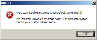 [Screen shot of error message box from 'Windows host process (Rundll32)' for blocked DLL]