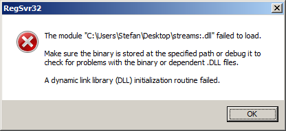 [Screen shot of error message box from 'RegSvr32.exe' on Windows 7]